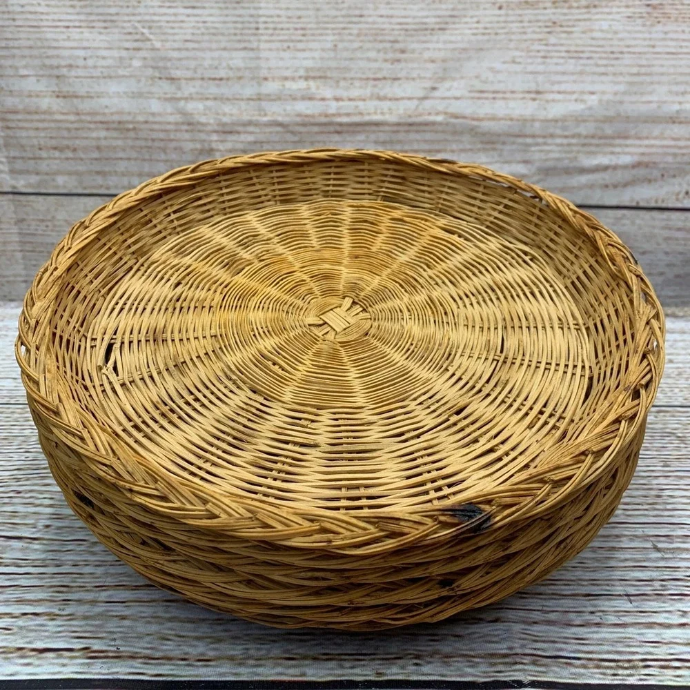 Set of 6 Woven Round Wicker‎ Serving Platters Picknick Plate Holders Natural
